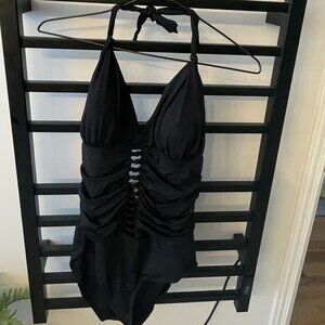 Nip Tuck Black Halter One-Piece Swimsuit | Ruched Front | Size US 8 / AUS 12